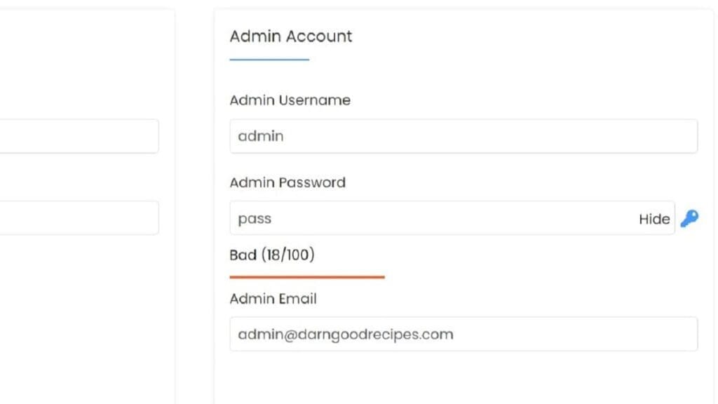 admin account section of wordpress install options