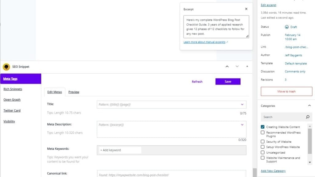 blog post seo checklist of initial new post seo settings
