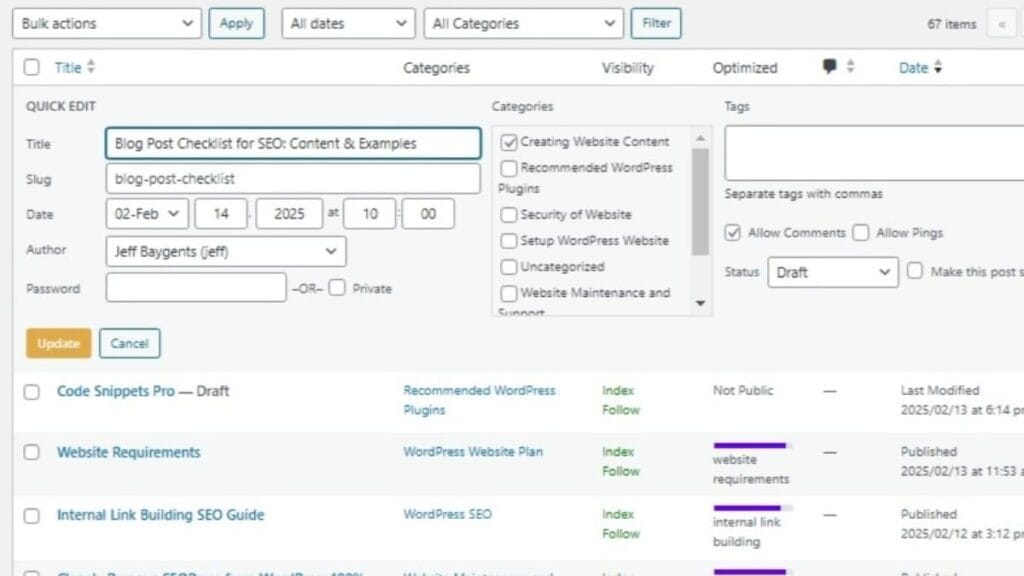 blog post settings checklist using quick edit initial settings