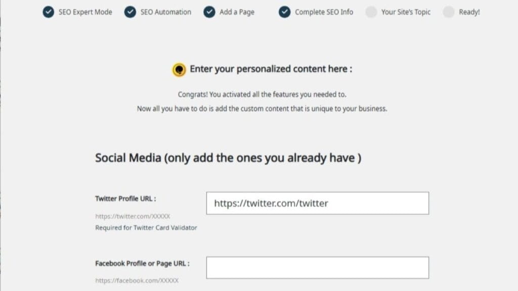 complete seo info section prompts to populate social media urls