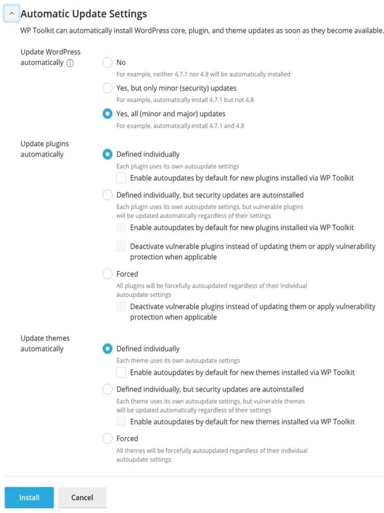 default of automatic update settings during install wordpress in cpanel manually