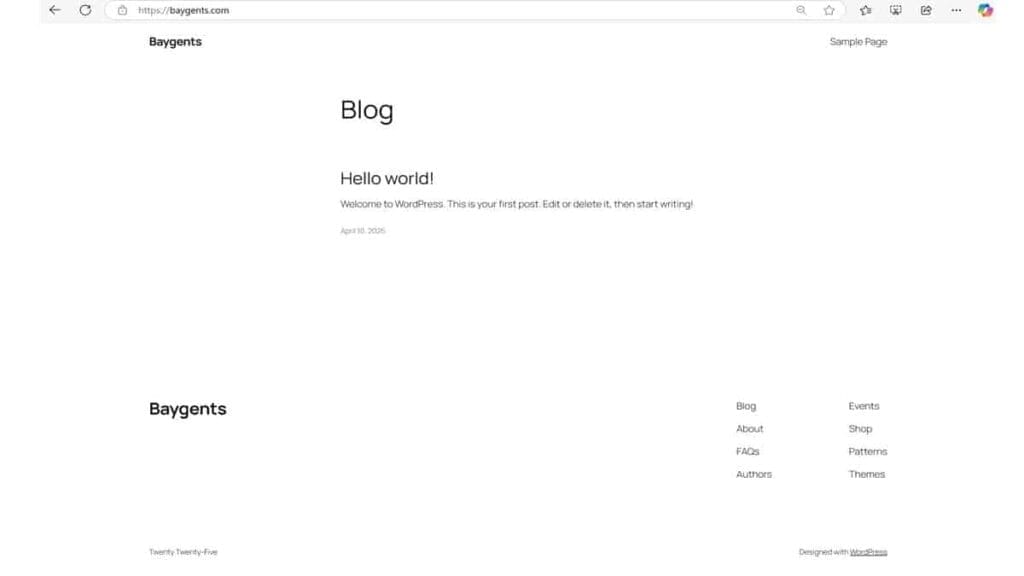 default startup site after wp install in cpanel