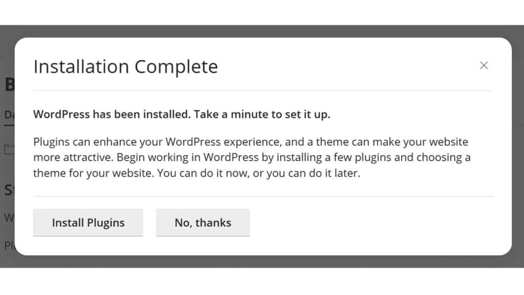 example initial prompt after installing wordpress in cpanel