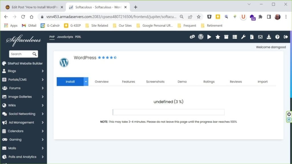 full wordpress and theme installation in progress
