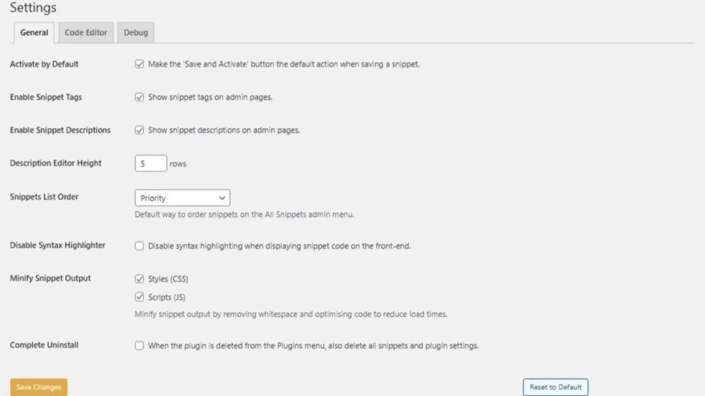 general settings of code snippets pro