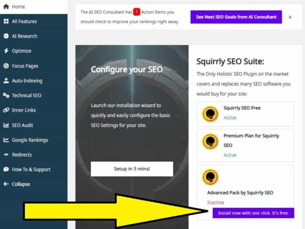 go to squirrly seo home to tap install now for the advanced pack