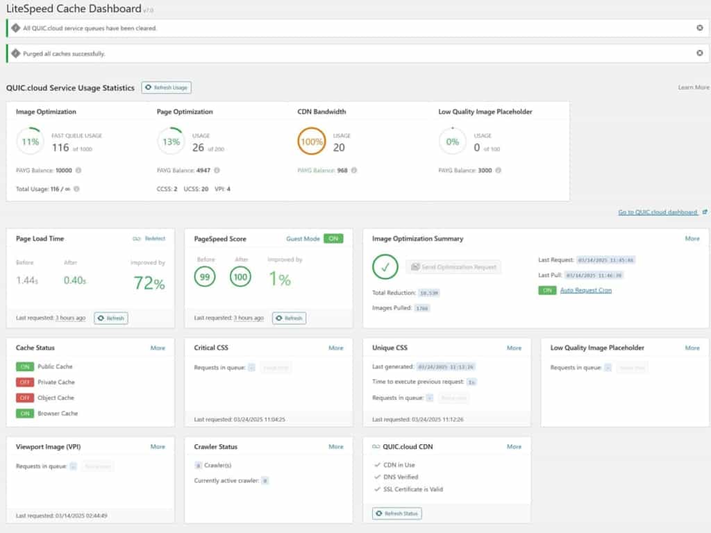 litespeed cache dashboard for litespeed cache plugin settings