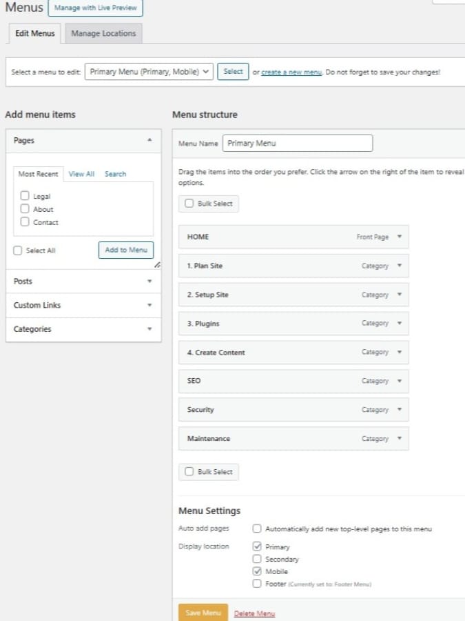 navigation pages to edit primary menu navigation pages to edit primary menu