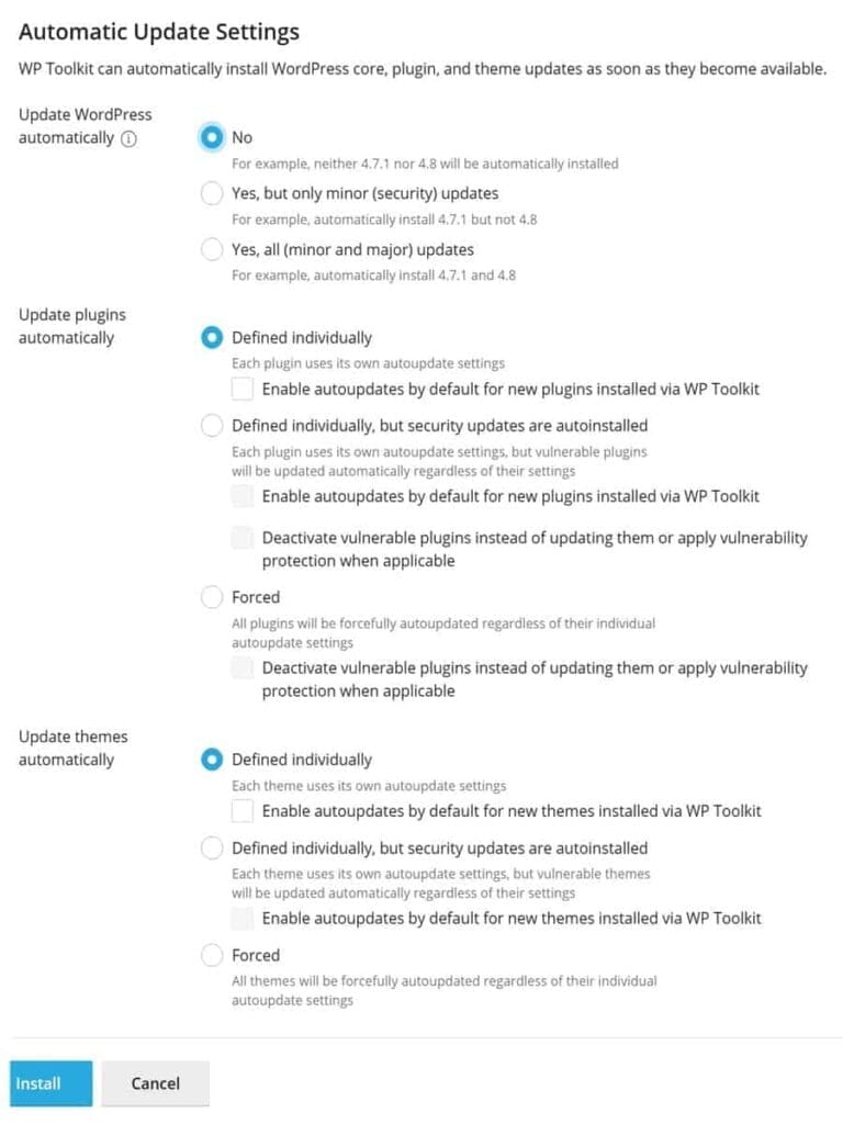 recommended automatic update settings during install wordpress in cpanel manually