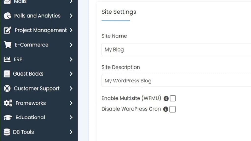 site settings section of wordpress install options