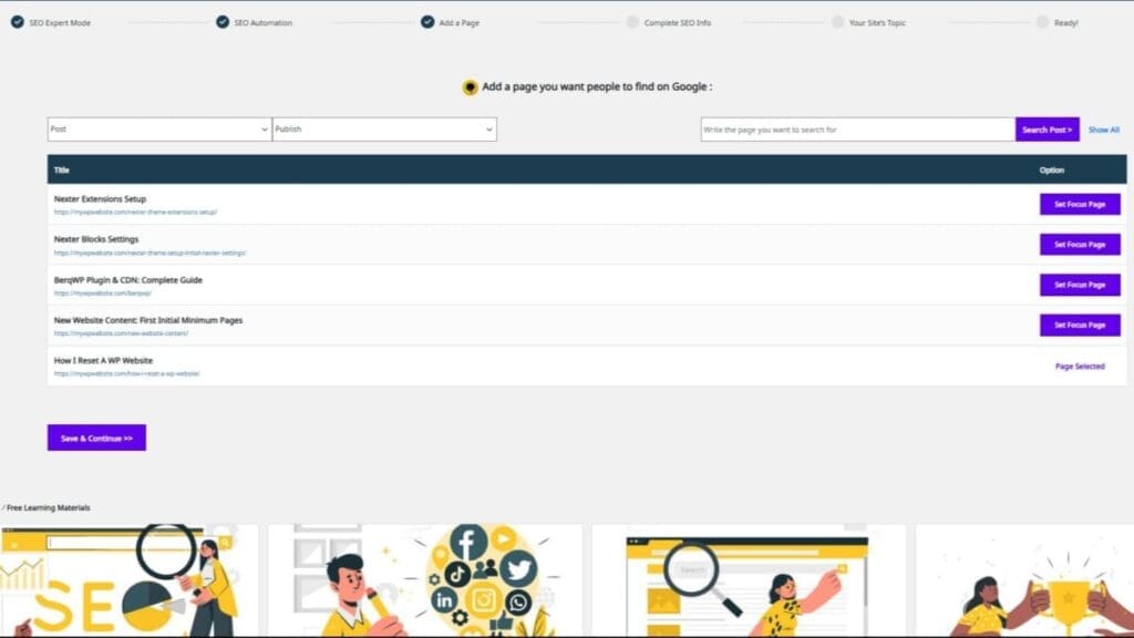 squirrly seo add a focus page section to initially filter posts using drop down filters named post and publish