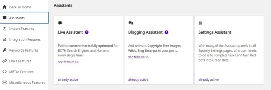 squirrly seo assistants features default settings