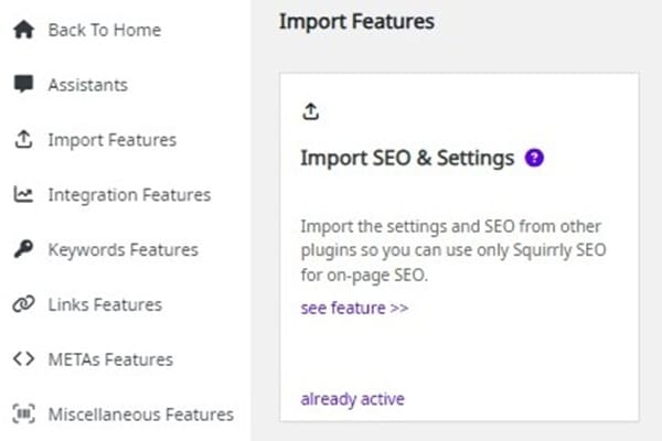 squirrly seo import features default settings