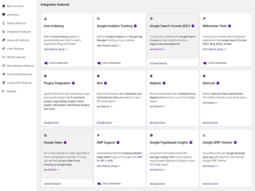 squirrly seo integration features default settings