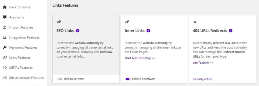 squirrly seo links features default settings