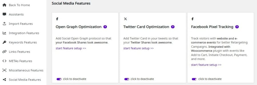 squirrly seo social media features default settings