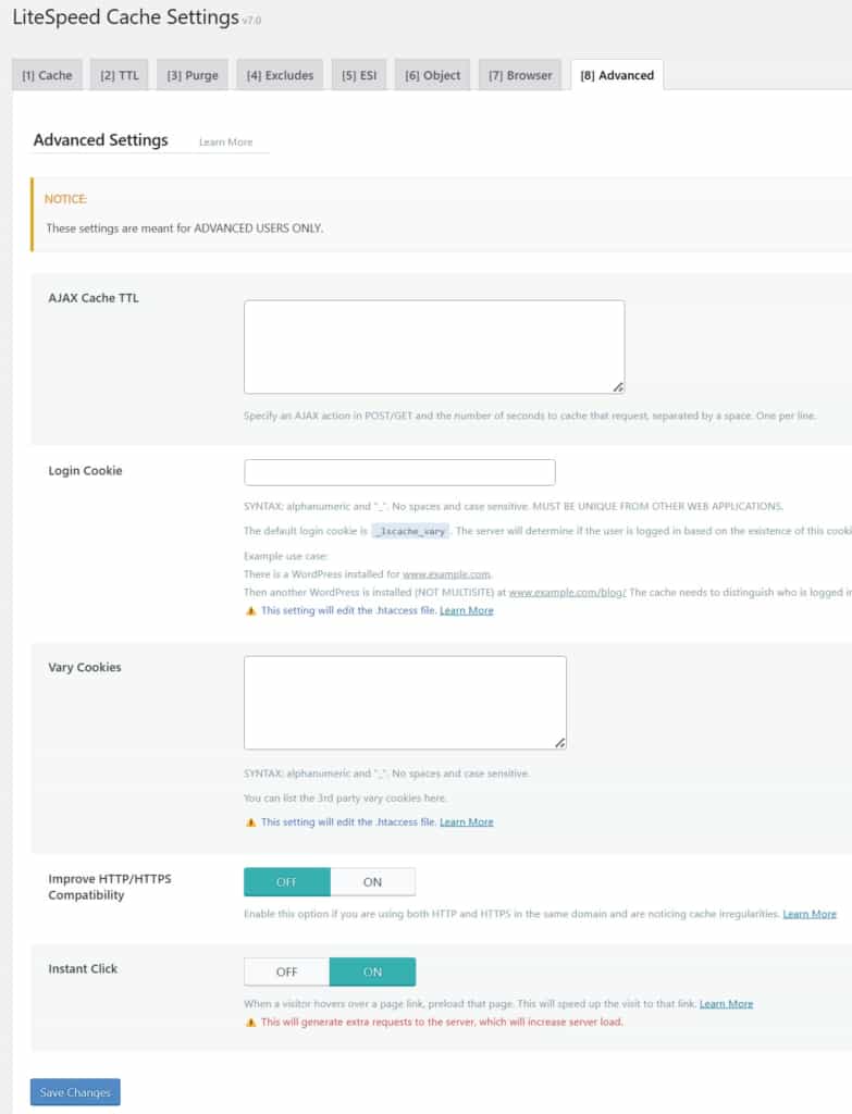 tab advanced to further configure litespeed cache