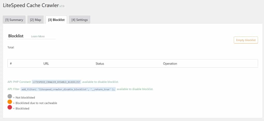 tab blocklist of things unable to be cached by litespeed