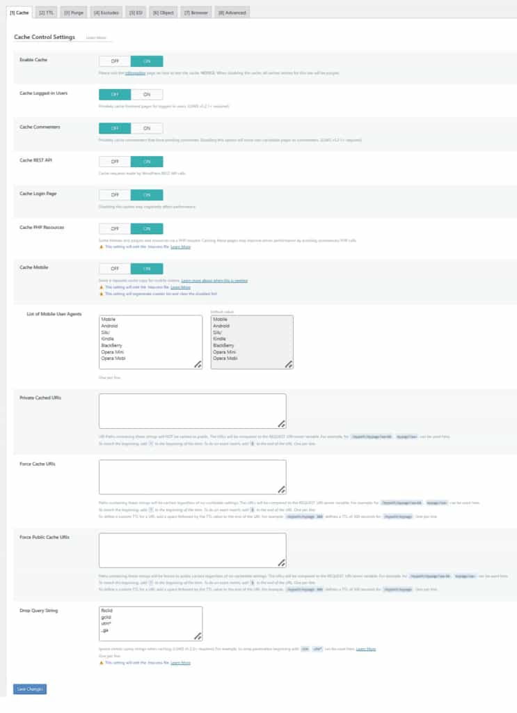 tab cache for litespeed cache settings