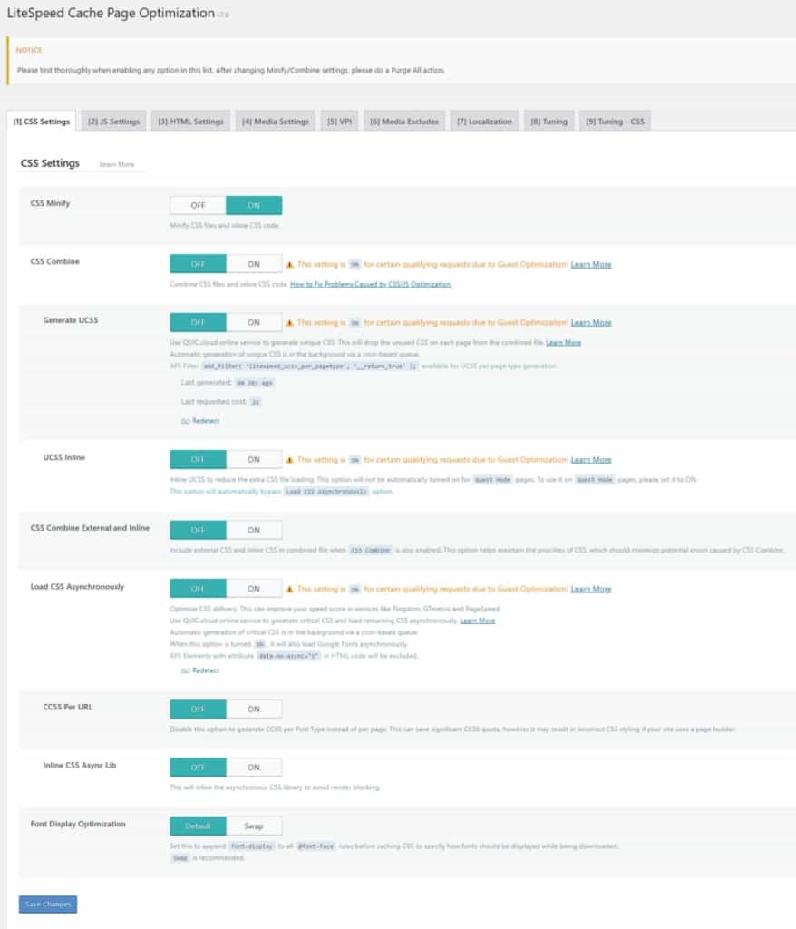 tab css settings for litespeed pagespeed settings