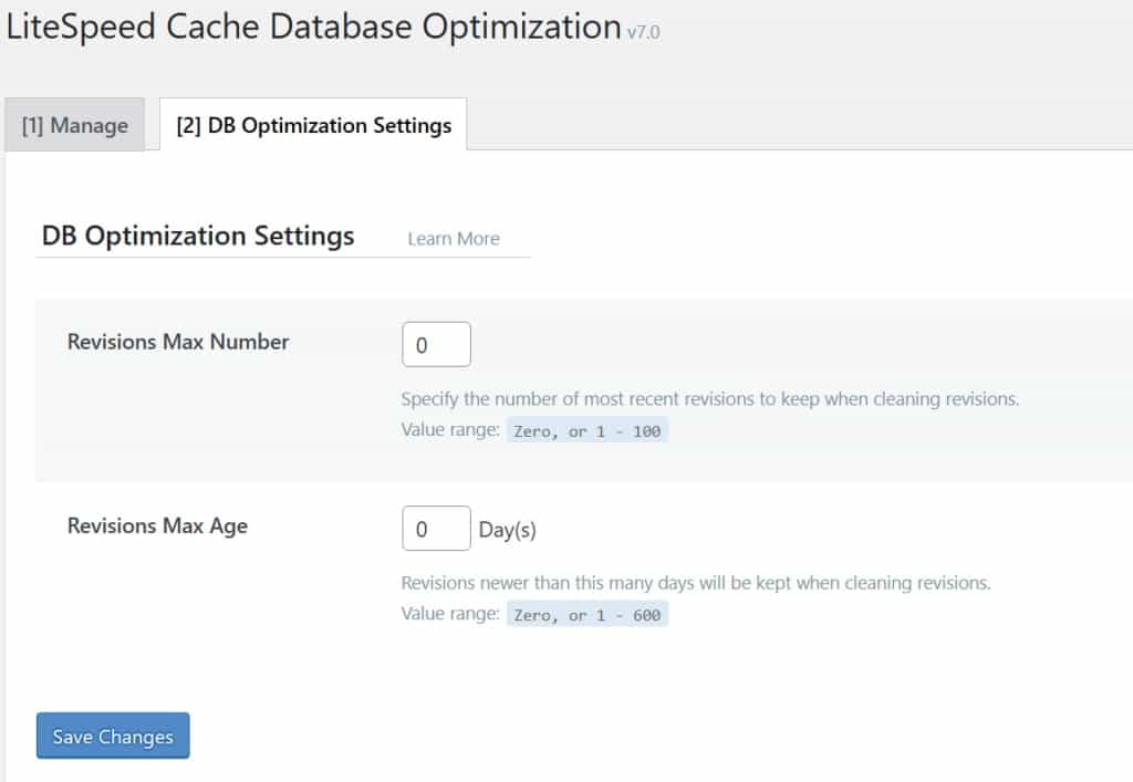 tab db optimization settings for lscwp setup