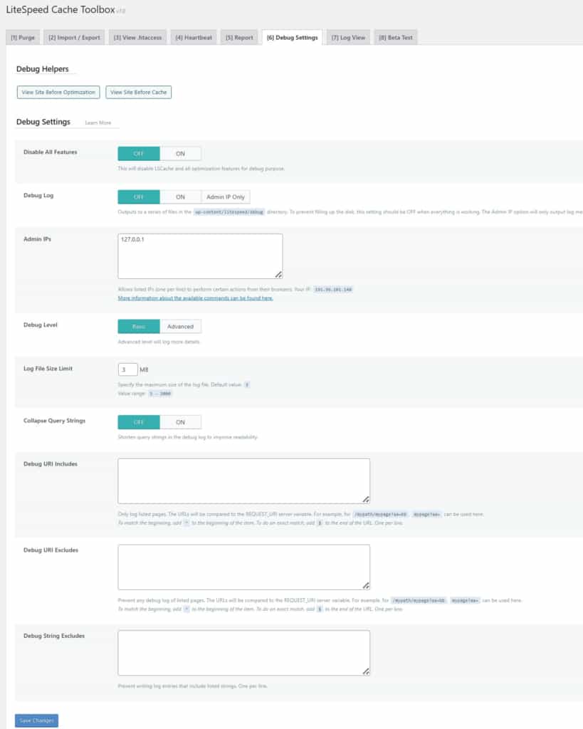 tab debug settings for quick testing of disabling certain lscache items
