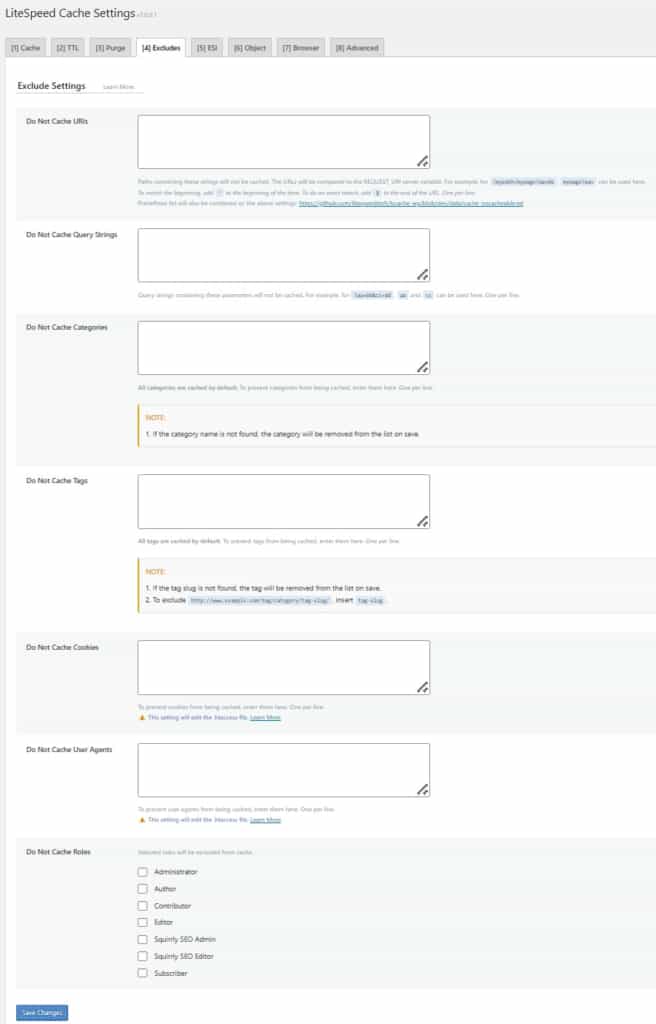 tab excludes config of lscache