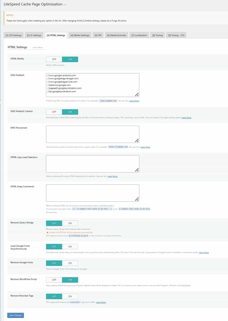 tab html settings for lscache wordpress plugin