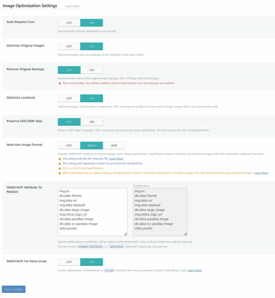 tab image optimization settings for ls cache plugin