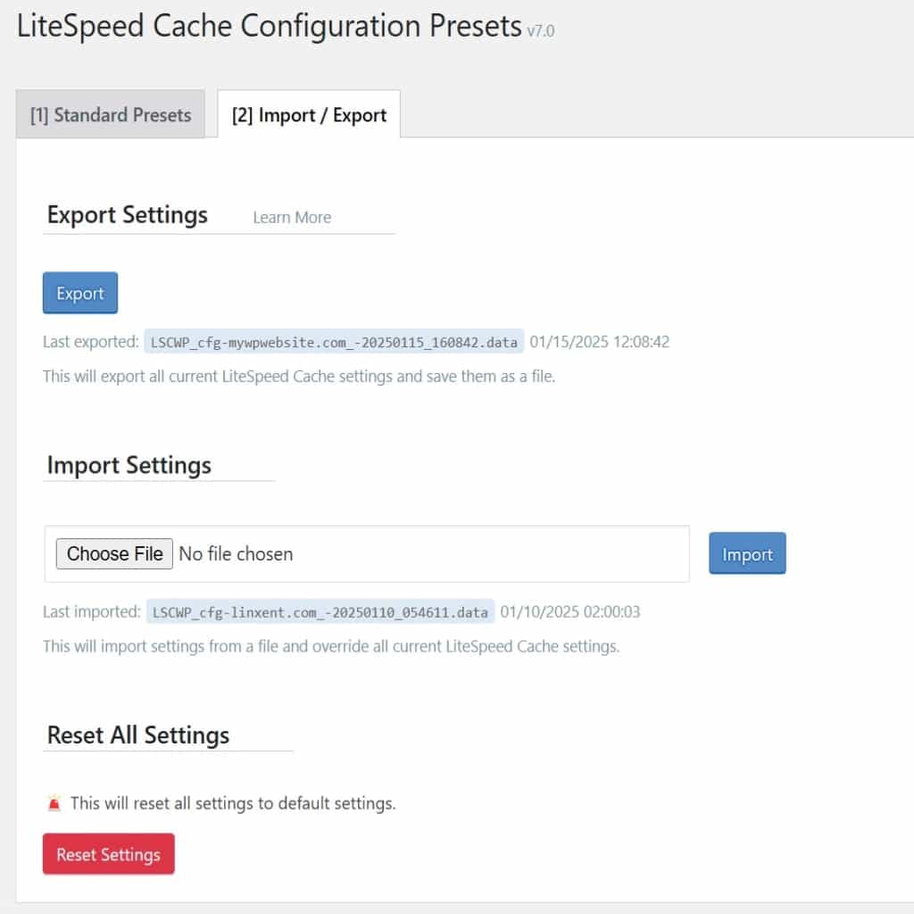 tab import export of litespeed cache plugin settings