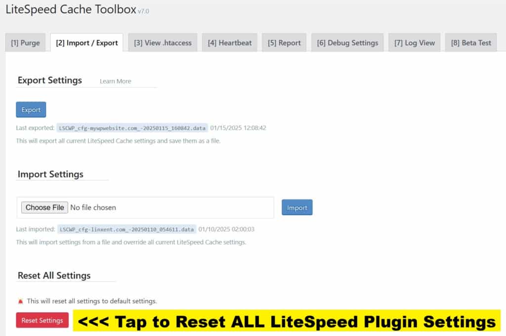 tab import export showing litespeed cache reset settings option