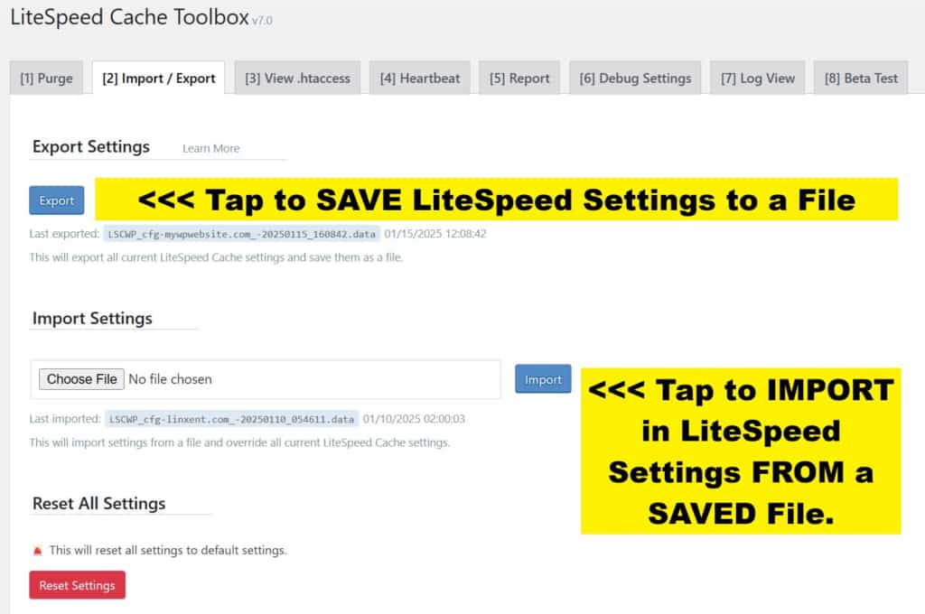 tab import export to save or recover litespeed settings