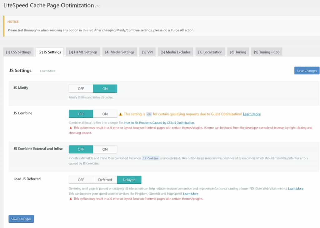 tab js settings for configuring lscwp
