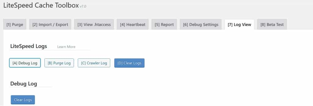 tab log view for clearing or reviewing events recorded by purges or debugging or crawlers