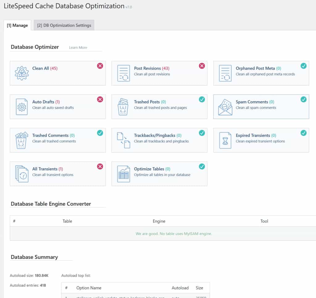 tab manage lscwp caches