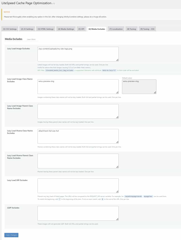 tab media excludes for specific rules for litespeed caching