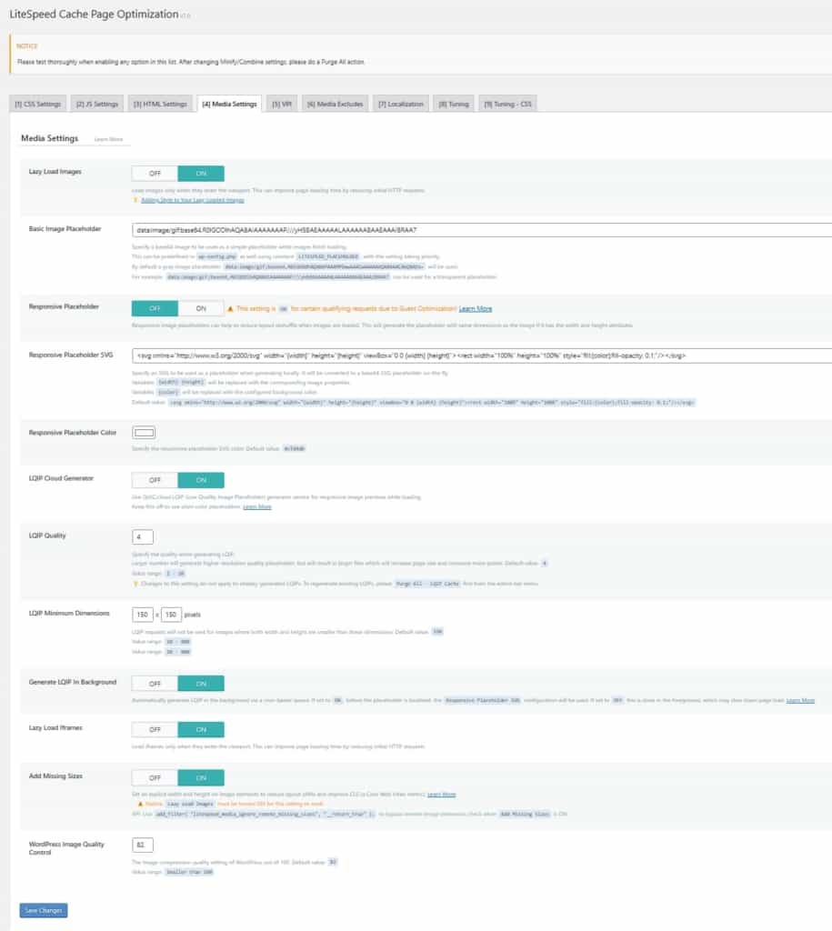 tab media settings for lscache wp plugin