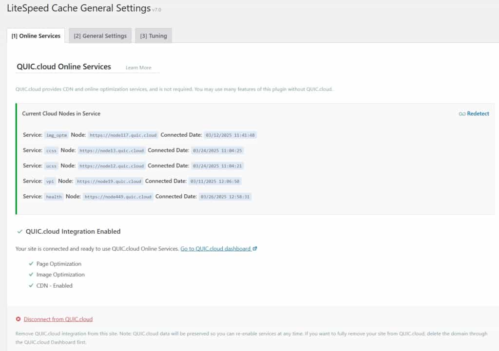 tab online services of litespeed cache plugin configuration