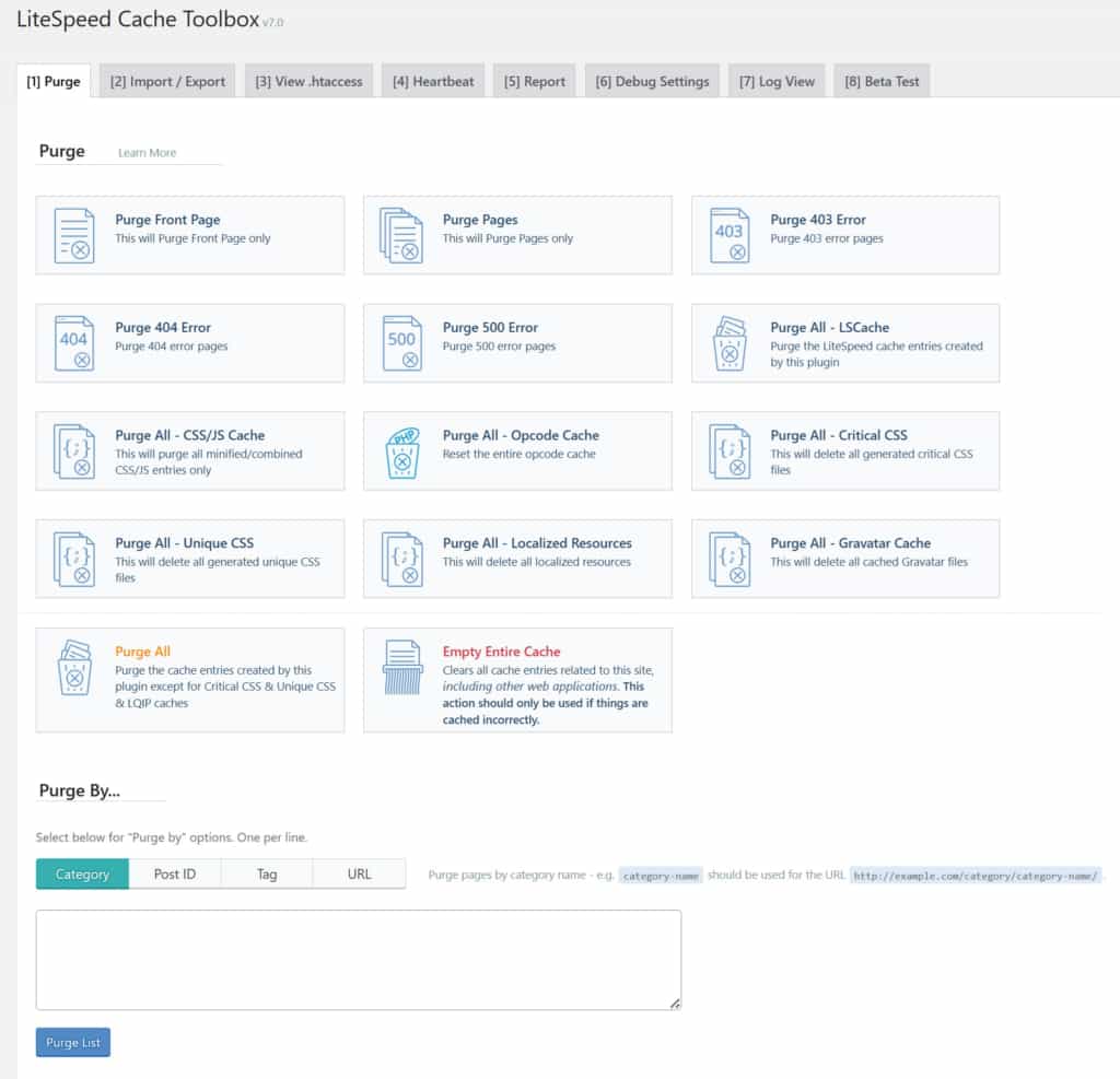 tab purge ls cache options for specific immediate cache dumps