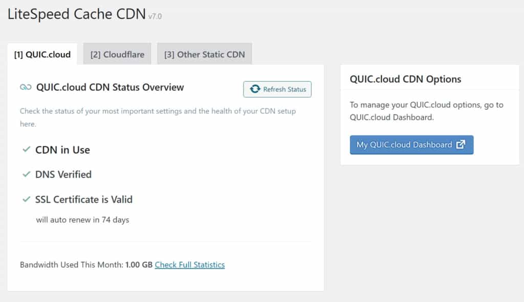 tab quic.cloud status and link to configure litespeed cdn