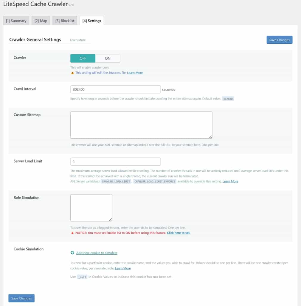 tab settings for litespeed server crawlers