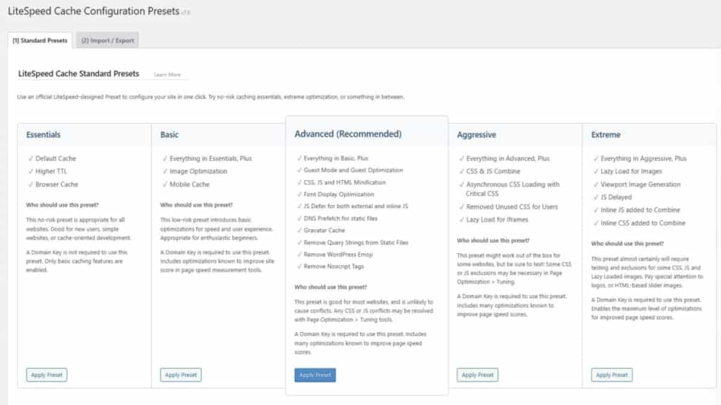 tab standard presets of several standard options of litespeed cache default settings