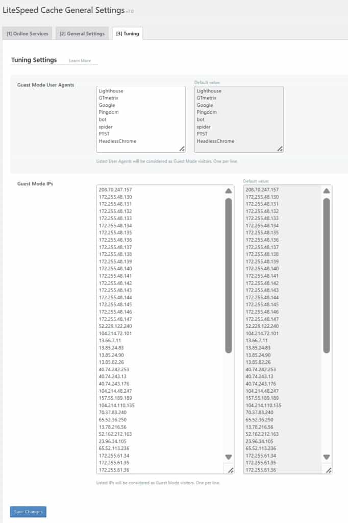 tab tuning to configure litespeed cache