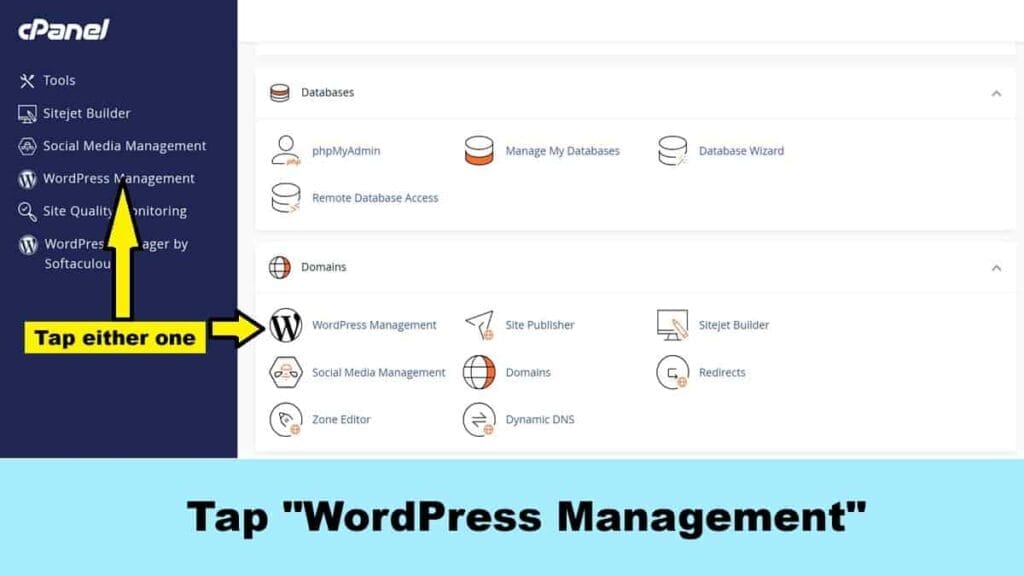 tap wordpress management in either pane to start to install wordpress from cpanel
