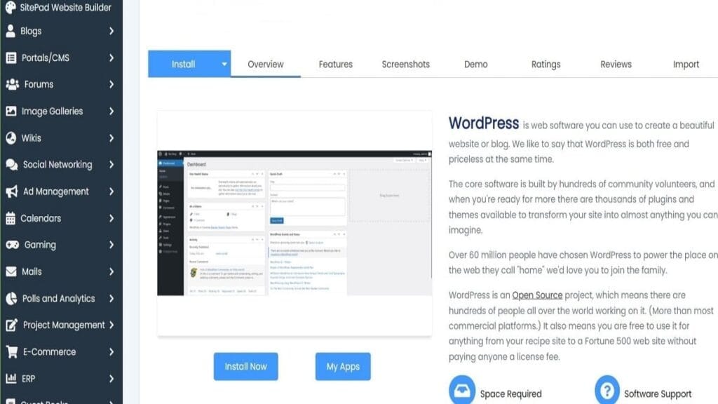 tapping install now reveals options available