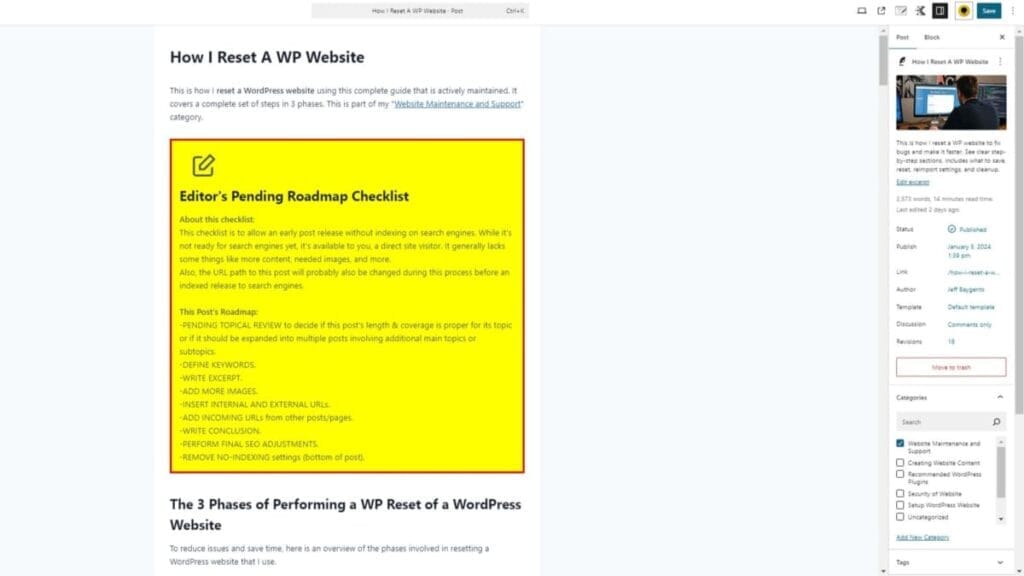 wordpress post roadmap checklist used on published post not yet indexed