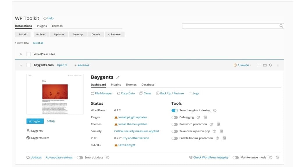 wp toolkit dashboard of newly installed wordpress website